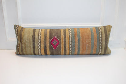 Handwoven Kilim Lumbar Pillow Cover, Tribal Stripe Rug Cushion (12x36 inch)