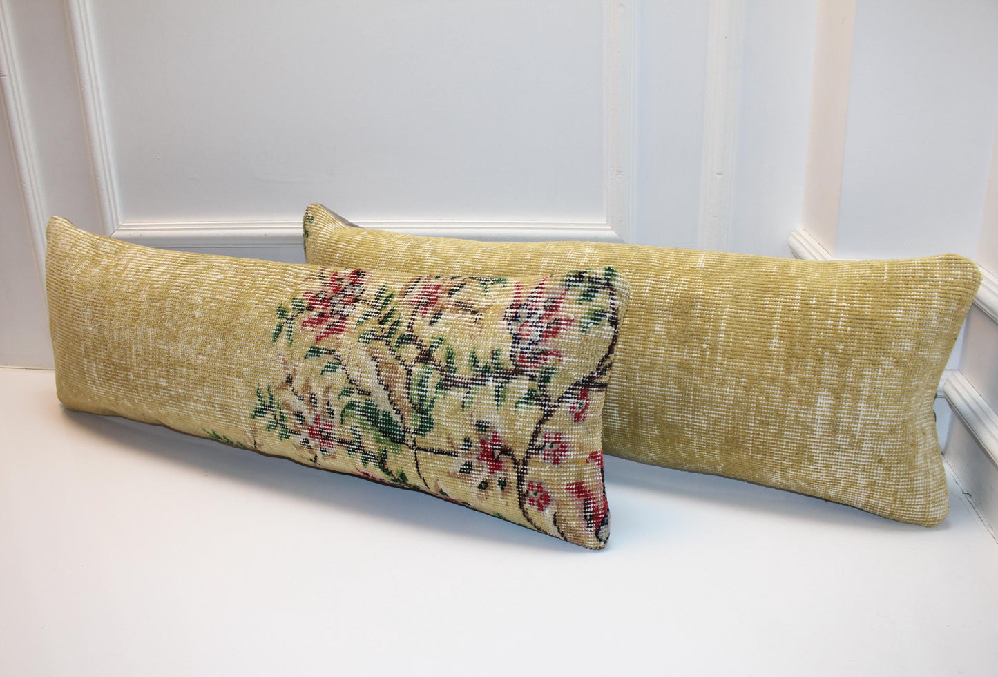 Set of 2 Vintage Floral Kilim Lumbar Pillows 12x48, Soft Yellow Botanical Rug Cushions, Long Bench Accent (12x36)