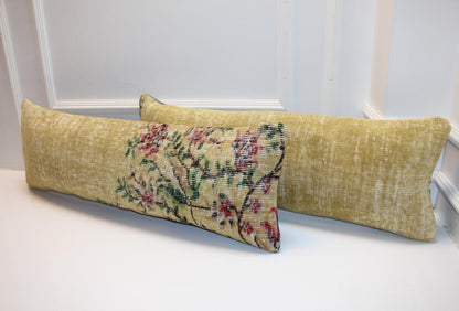 Set of 2 Vintage Floral Kilim Lumbar Pillows 12x48, Soft Yellow Botanical Rug Cushions, Long Bench Accent (12x36)
