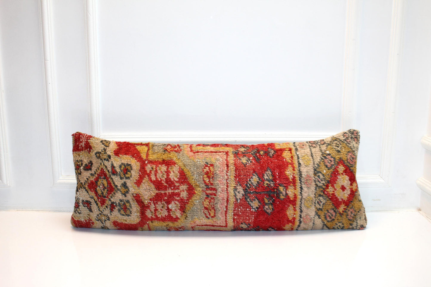 Vintage Turkish Kilim Lumbar Pillow | Red Mustard Wool Rug Cushion (12x36 in)
