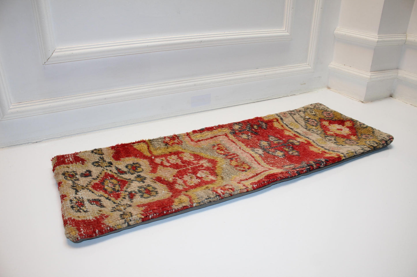 Vintage Turkish Kilim Lumbar Pillow | Red Mustard Wool Rug Cushion (12x36 in)