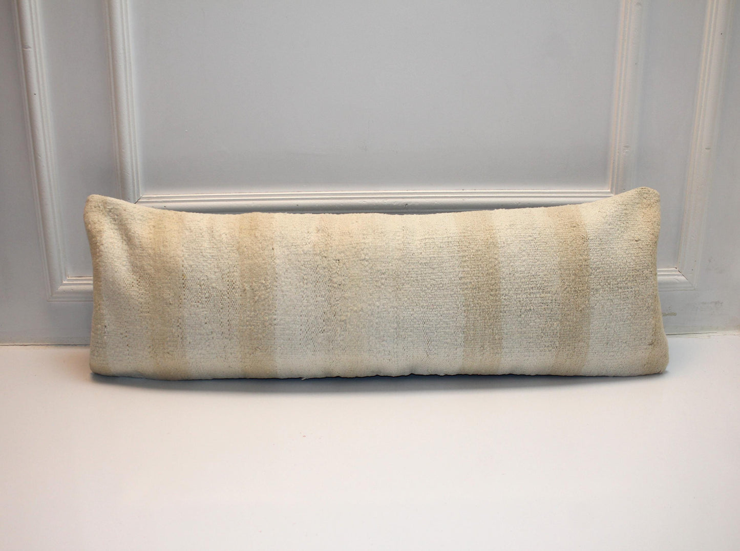 Handmade Neutral Striped Kilim Pillow Cover | Wool Turkish Lumbar Cushion (12x36 in)