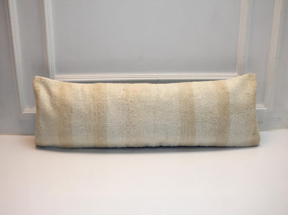 Handmade Neutral Striped Kilim Pillow Cover | Wool Turkish Lumbar Cushion (12x36 in)