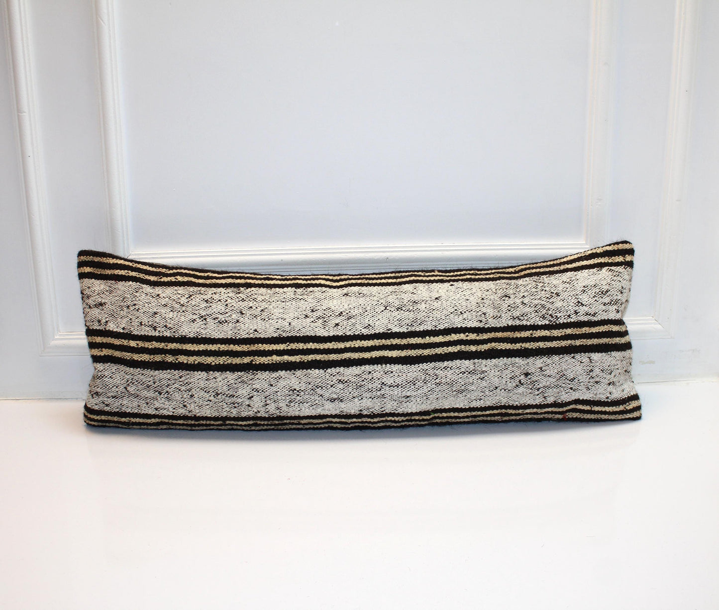 Black & Cream Striped Kilim Lumbar Pillow Cover | Turkish Rug, Upcycled (12x36 in)