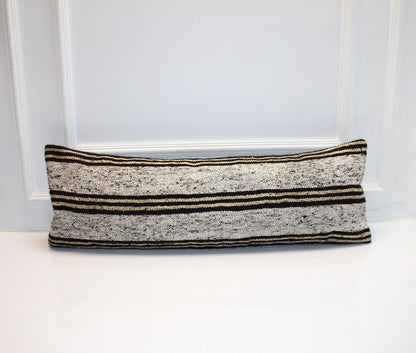 Black & Cream Striped Kilim Lumbar Pillow Cover | Turkish Rug, Upcycled (12x36 in)
