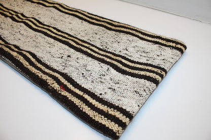 Black & Cream Striped Kilim Lumbar Pillow Cover | Turkish Rug, Upcycled (12x36 in)