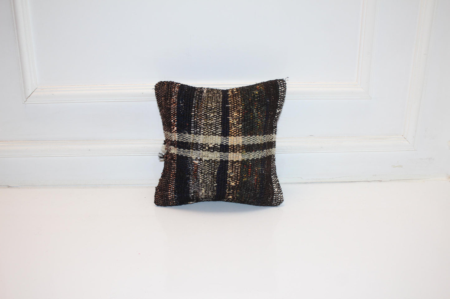 Turkish Rug Cushion with Rustic Plaid Pattern, Moody Boho Farmhouse Decor  12x12 inch