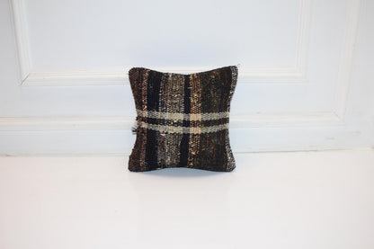 Turkish Rug Cushion with Rustic Plaid Pattern, Moody Boho Farmhouse Decor  12x12 inch
