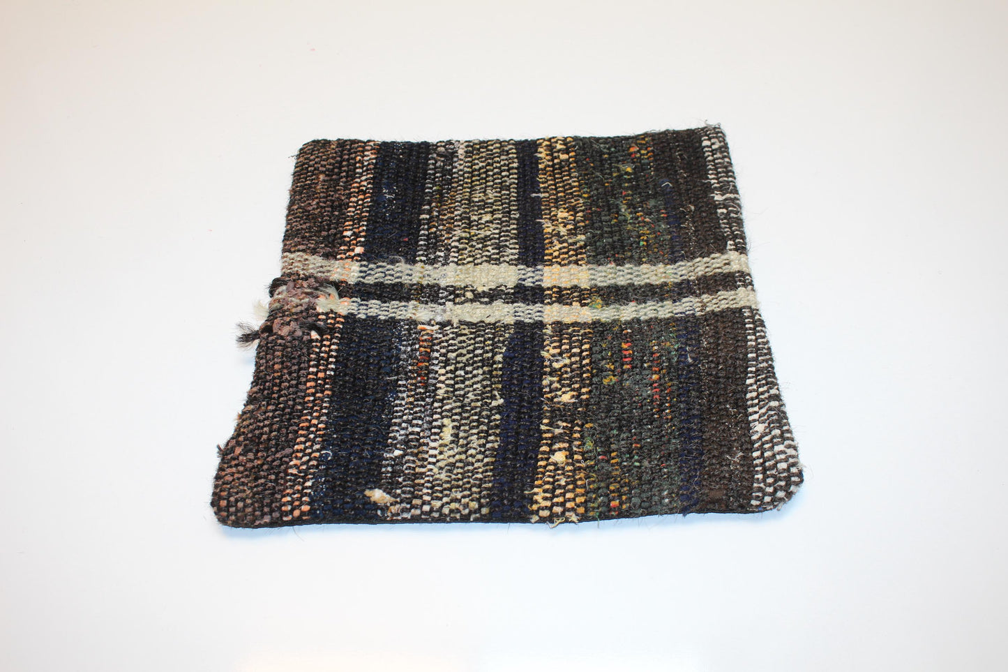 Turkish Rug Cushion with Rustic Plaid Pattern, Moody Boho Farmhouse Decor  12x12 inch