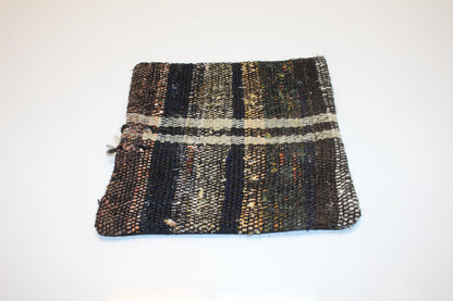 Turkish Rug Cushion with Rustic Plaid Pattern, Moody Boho Farmhouse Decor  12x12 inch