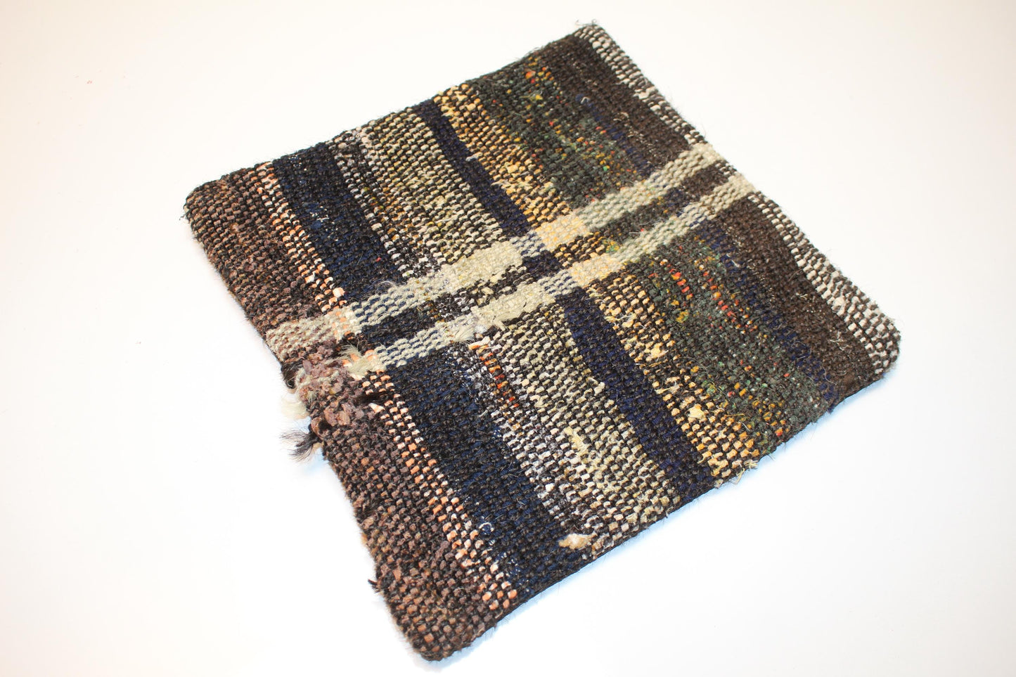 Turkish Rug Cushion with Rustic Plaid Pattern, Moody Boho Farmhouse Decor  12x12 inch