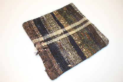 Turkish Rug Cushion with Rustic Plaid Pattern, Moody Boho Farmhouse Decor  12x12 inch
