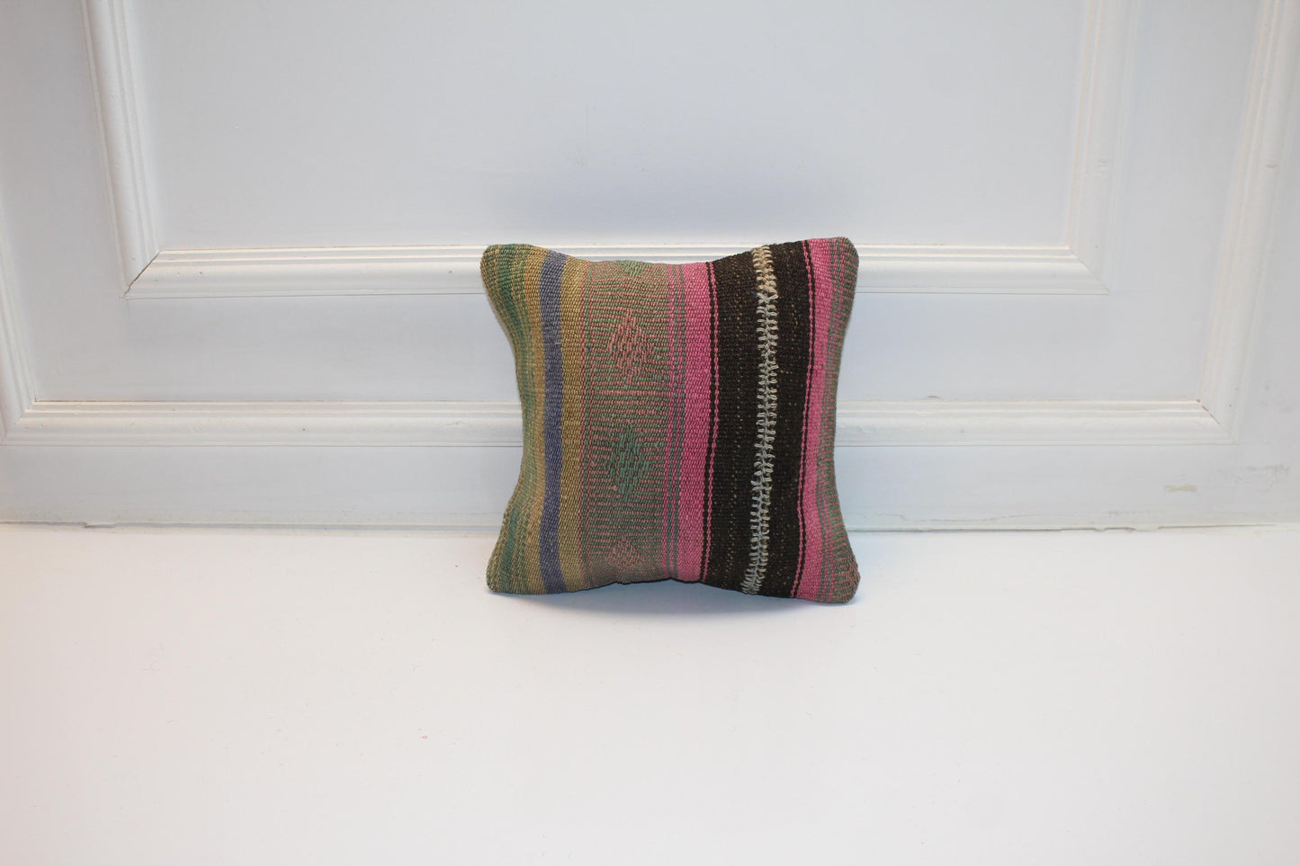 Colorful Turkish Rug Cushion with Pink & Green Tones, Boho Eclectic Decor  12x12 inch