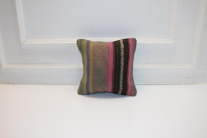 Colorful Turkish Rug Cushion with Pink & Green Tones, Boho Eclectic Decor  12x12 inch