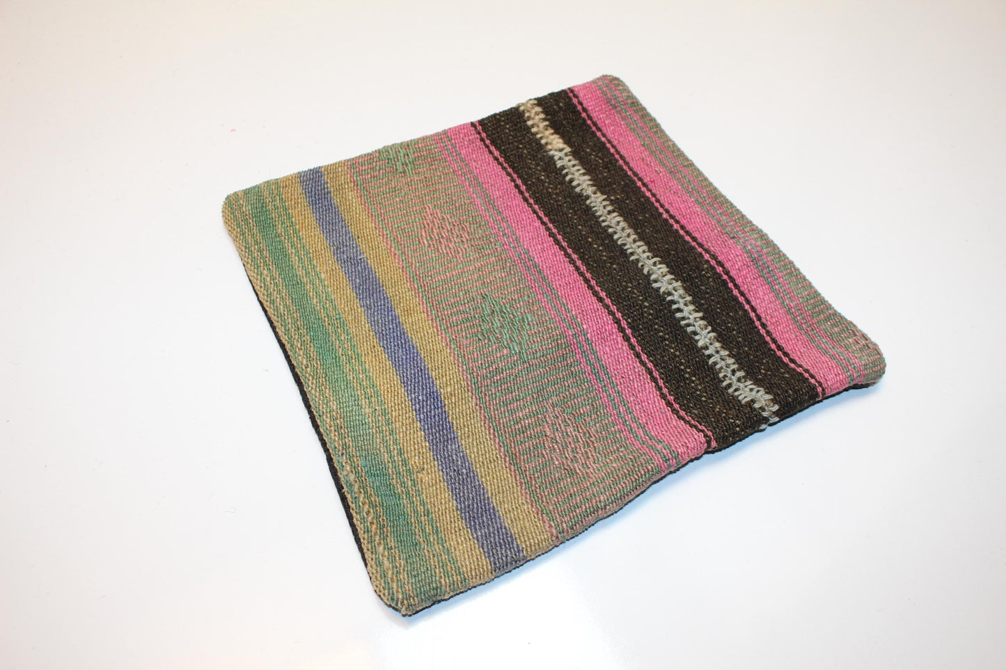 Colorful Turkish Rug Cushion with Pink & Green Tones, Boho Eclectic Decor  12x12 inch