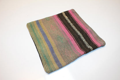 Colorful Turkish Rug Cushion with Pink & Green Tones, Boho Eclectic Decor  12x12 inch