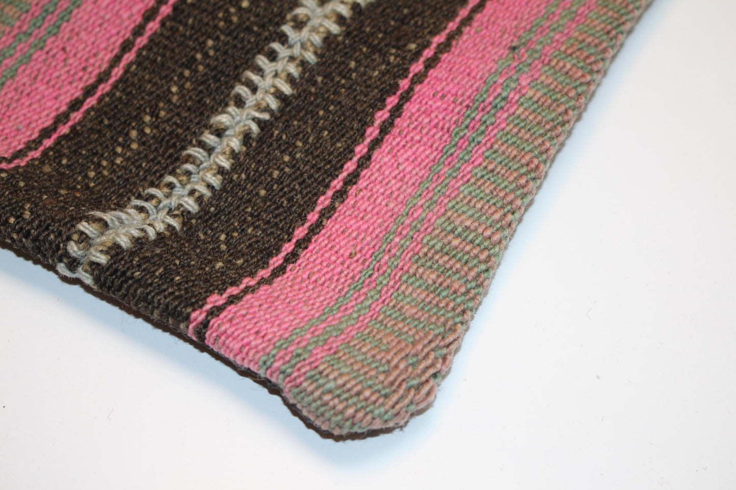 Colorful Turkish Rug Cushion with Pink & Green Tones, Boho Eclectic Decor  12x12 inch