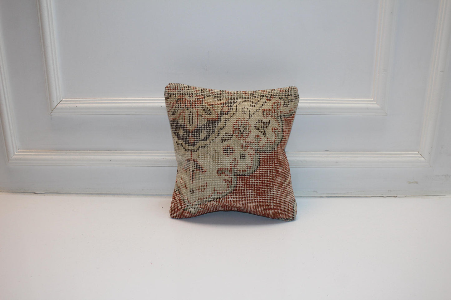 Turkish Rug Cushion in Soft Beige & Terracotta, Elegant Neutral Boho Decor 12x12 inch