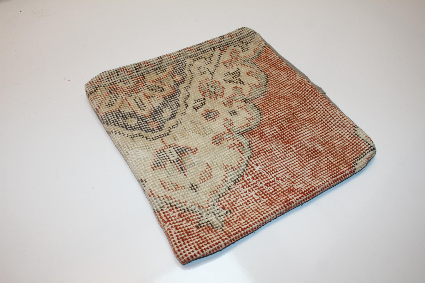 Turkish Rug Cushion in Soft Beige & Terracotta, Elegant Neutral Boho Decor 12x12 inch