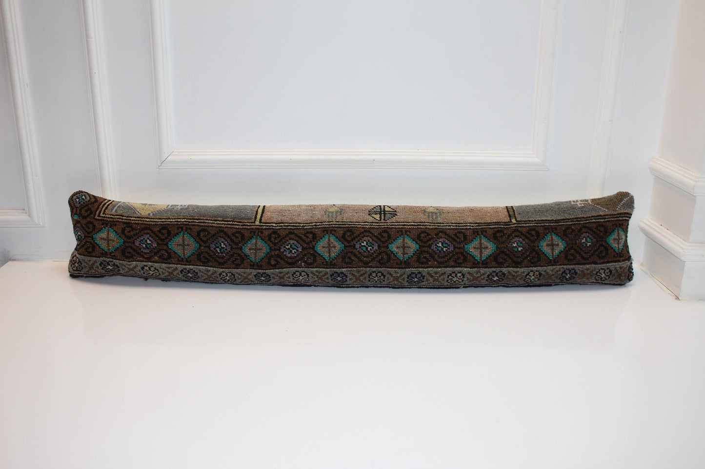 Long Tribal Rug Bench Cushion with Teal Geometric Motifs, Rustic Boho Entryway Decor