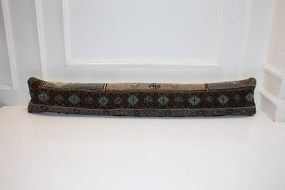 Long Tribal Rug Bench Cushion with Teal Geometric Motifs, Rustic Boho Entryway Decor