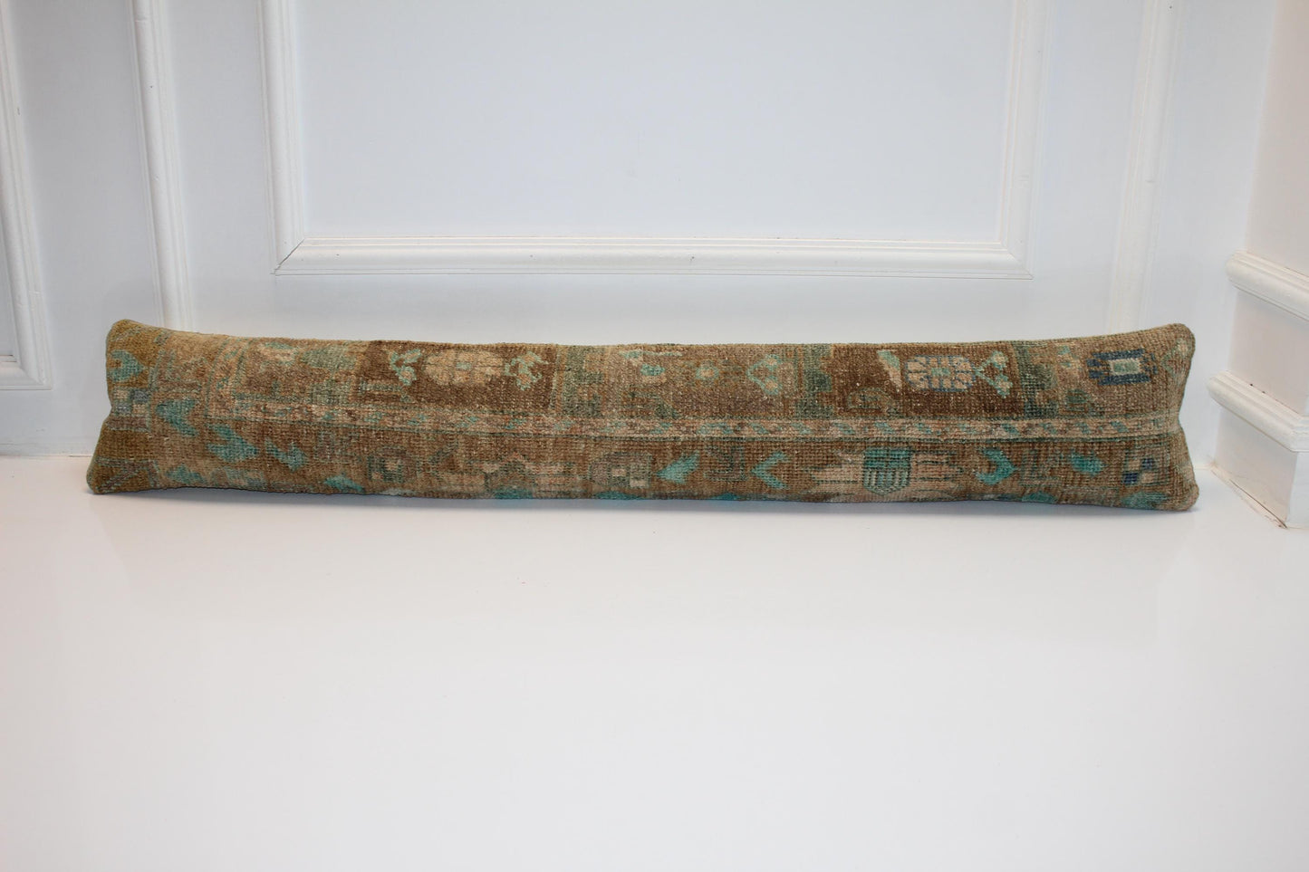 Long Antique Rug Bench Cushion with Soft Teal Motifs, Neutral Boho Entryway Decor