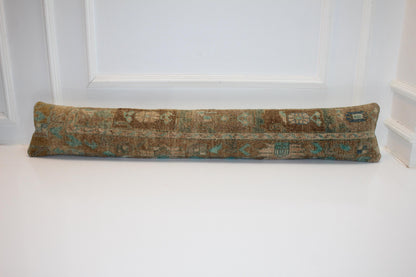 Long Antique Rug Bench Cushion with Soft Teal Motifs, Neutral Boho Entryway Decor