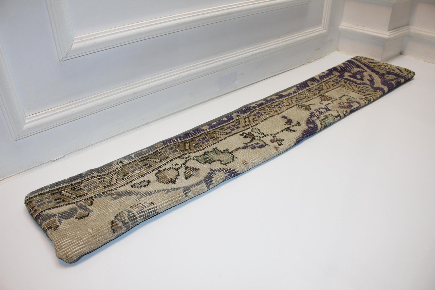 Long Antique Rug Bench Cushion with Soft Purple Motifs, Neutral Boho Entryway Decor