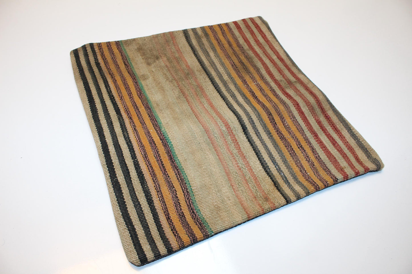 Striped Turkish Kilim Pillow Cover, Earth Tone Boho Cushion, Rustic Ethnic Decor Accent (16x16 in)