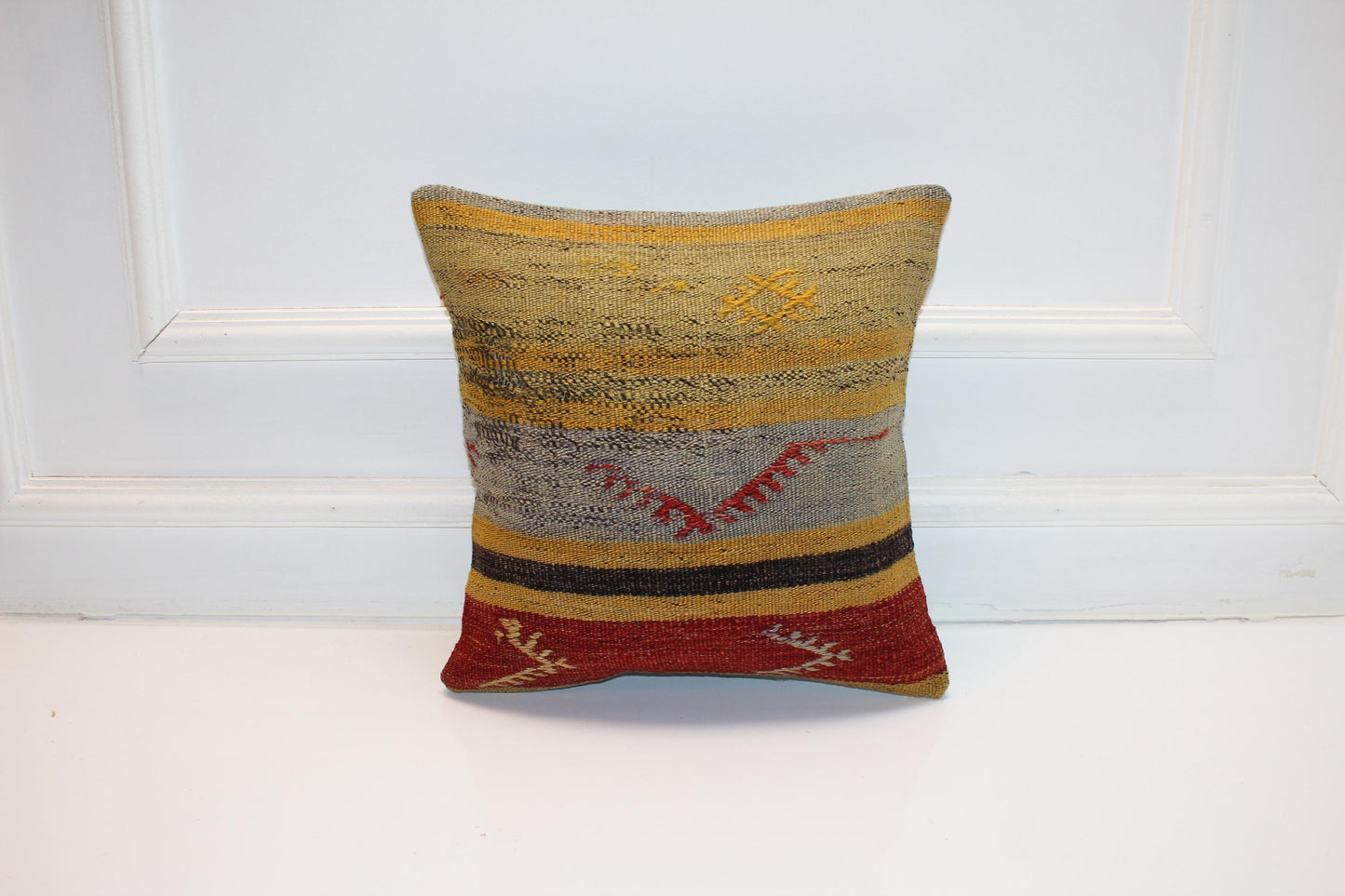 Mustard & Brick Red Boho Cushion, Rustic Ethnic Home Decor Accent (16x16 in)
