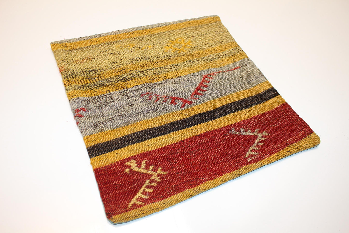 Mustard & Brick Red Boho Cushion, Rustic Ethnic Home Decor Accent (16x16 in)