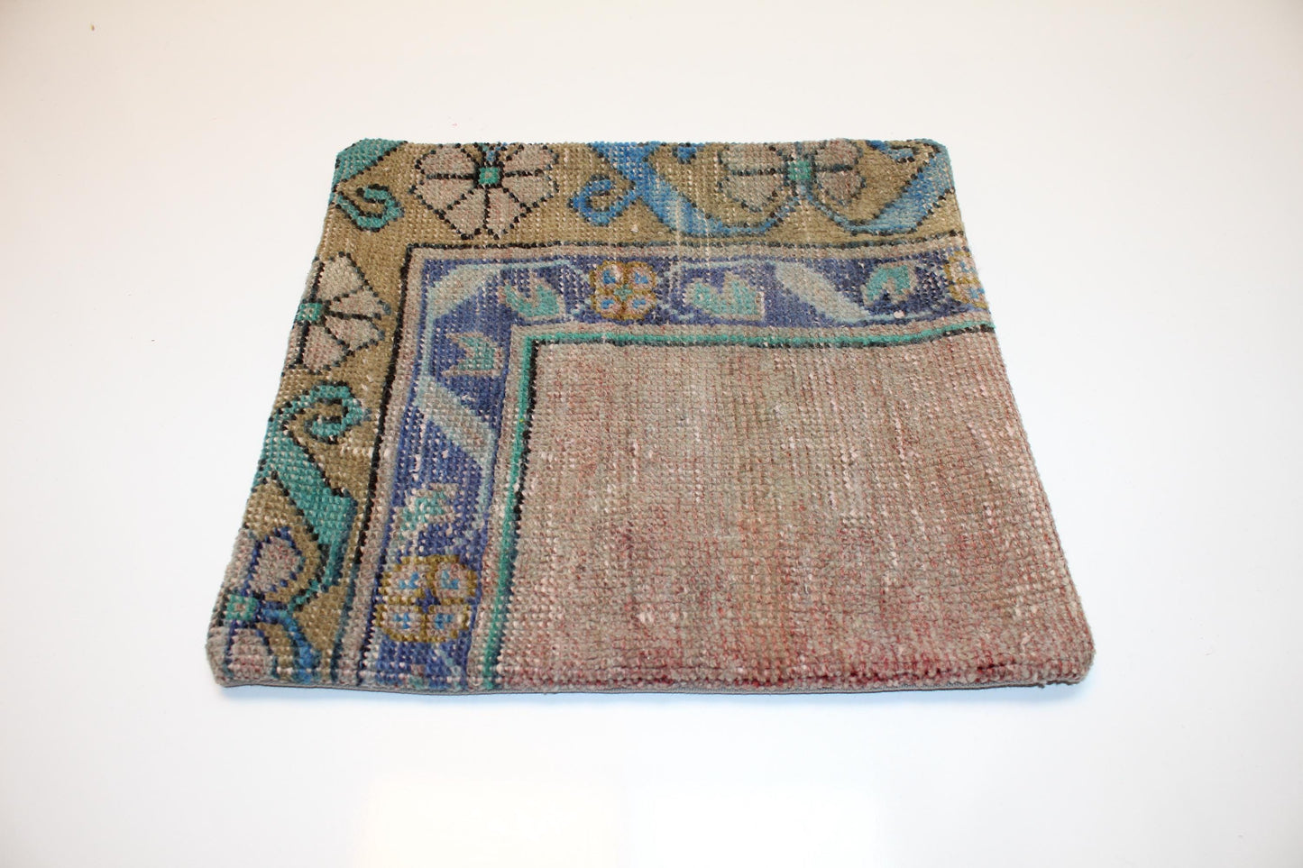 Floral Turkish Kilim Pillow Cover, Blue & Beige Boho Cushion, Soft Rustic Ethnic Home Decor Accent (16x16 in)