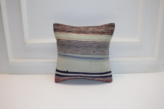 Kilim Pillow Cover, Striped Neutral Rug Cushion, Boho Ethnic Decor Accent Pillow (16x16 in)