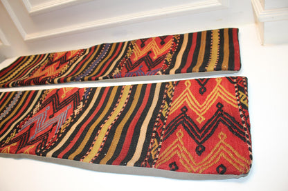 Set of 2 Vintage Turkish Kilim Lumbar Pillows, Tribal Pattern Bench Cushions, Boho Ethnic Long Rug Pillow Set(12x48)