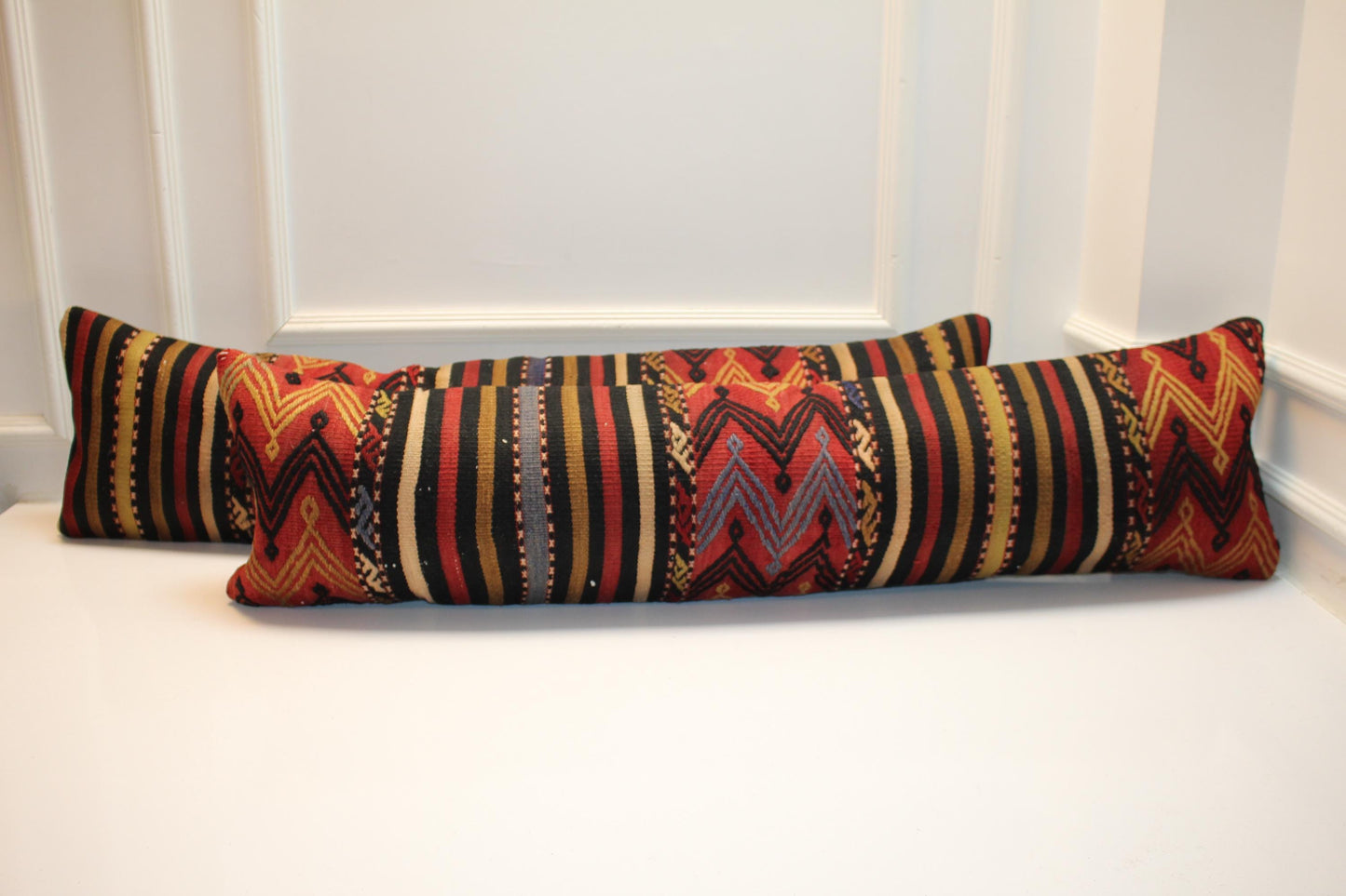 Set of 2 Vintage Turkish Kilim Lumbar Pillows, Tribal Pattern Bench Cushions, Boho Ethnic Long Rug Pillow Set(12x48)