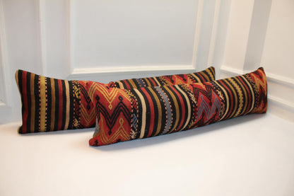 Set of 2 Vintage Turkish Kilim Lumbar Pillows, Tribal Pattern Bench Cushions, Boho Ethnic Long Rug Pillow Set(12x48)
