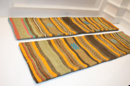 Set of 2 Vintage Turkish Kilim Lumbar Pillows, Striped Tribal Bench Cushions, Boho Ethnic Long Rug Pillow Set (12x48)