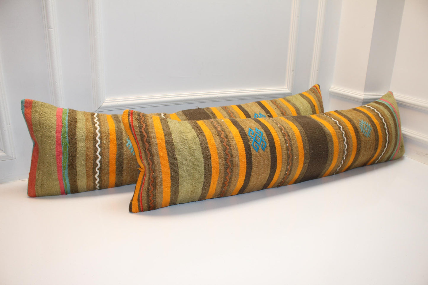 Set of 2 Vintage Turkish Kilim Lumbar Pillows, Striped Tribal Bench Cushions, Boho Ethnic Long Rug Pillow Set (12x48)