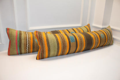Set of 2 Vintage Turkish Kilim Lumbar Pillows, Striped Tribal Bench Cushions, Boho Ethnic Long Rug Pillow Set (12x48)