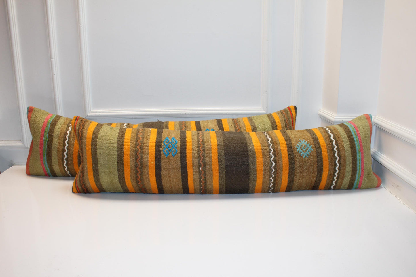Set of 2 Vintage Turkish Kilim Lumbar Pillows, Striped Tribal Bench Cushions, Boho Ethnic Long Rug Pillow Set (12x48)