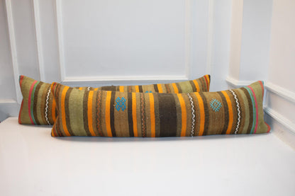 Set of 2 Vintage Turkish Kilim Lumbar Pillows, Striped Tribal Bench Cushions, Boho Ethnic Long Rug Pillow Set (12x48)
