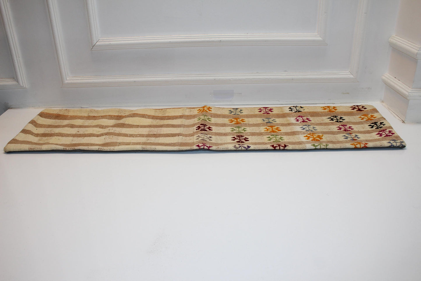 Neutral Striped Bench Cushion with Colorful Motifs, Boho Ethnic Long Rug Pillow(12x48)