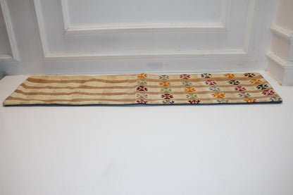 Neutral Striped Bench Cushion with Colorful Motifs, Boho Ethnic Long Rug Pillow(12x48)