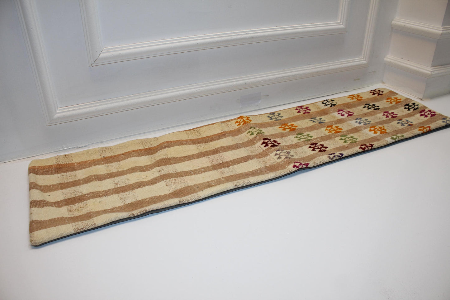 Neutral Striped Bench Cushion with Colorful Motifs, Boho Ethnic Long Rug Pillow(12x48)