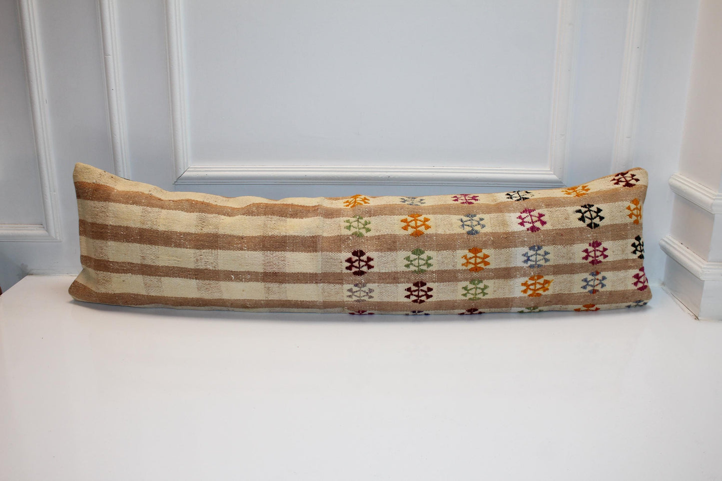 Neutral Striped Bench Cushion with Colorful Motifs, Boho Ethnic Long Rug Pillow(12x48)