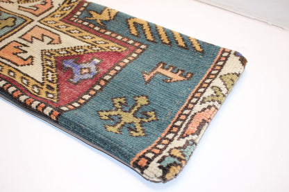 Geometric Kilim Lumbar Pillow | Teal & Mustard Wool Cushion (12x36 in)