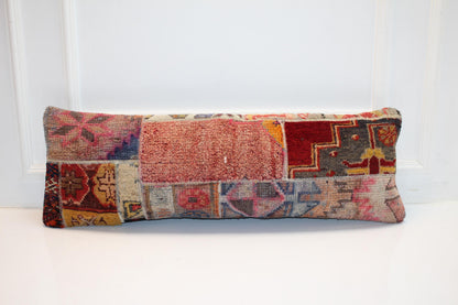 Patchwork Kilim Lumbar Pillow | Vintage Wool Bench Cushion (12x36 in)