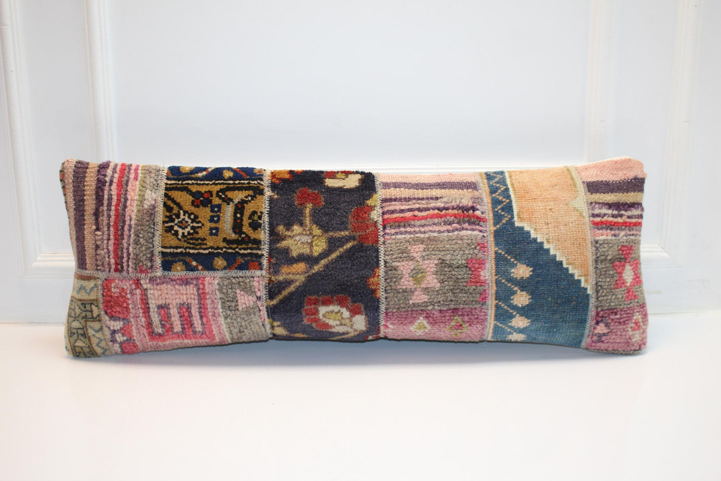 Handmade Patchwork Kilim Lumbar Pillow Cover | Vintage Wool Bench Cushion (12x36 in)