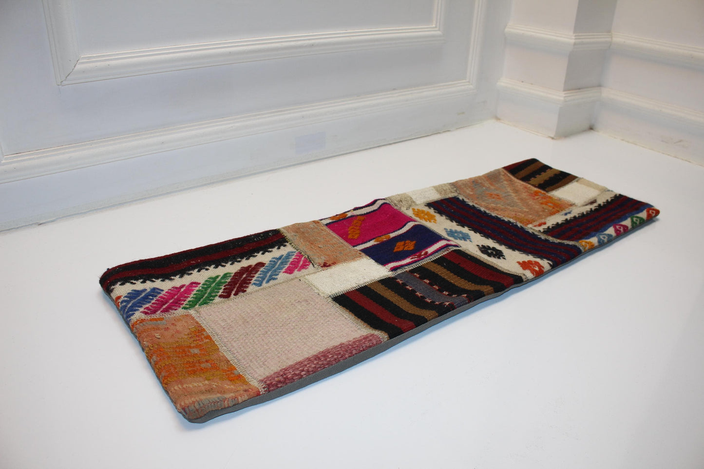 Patchwork Kilim Lumbar Pillow Cover | Tribal Wool Bench Decor (12x36 in)
