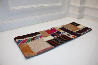 Patchwork Kilim Lumbar Pillow Cover | Tribal Wool Bench Decor (12x36 in)
